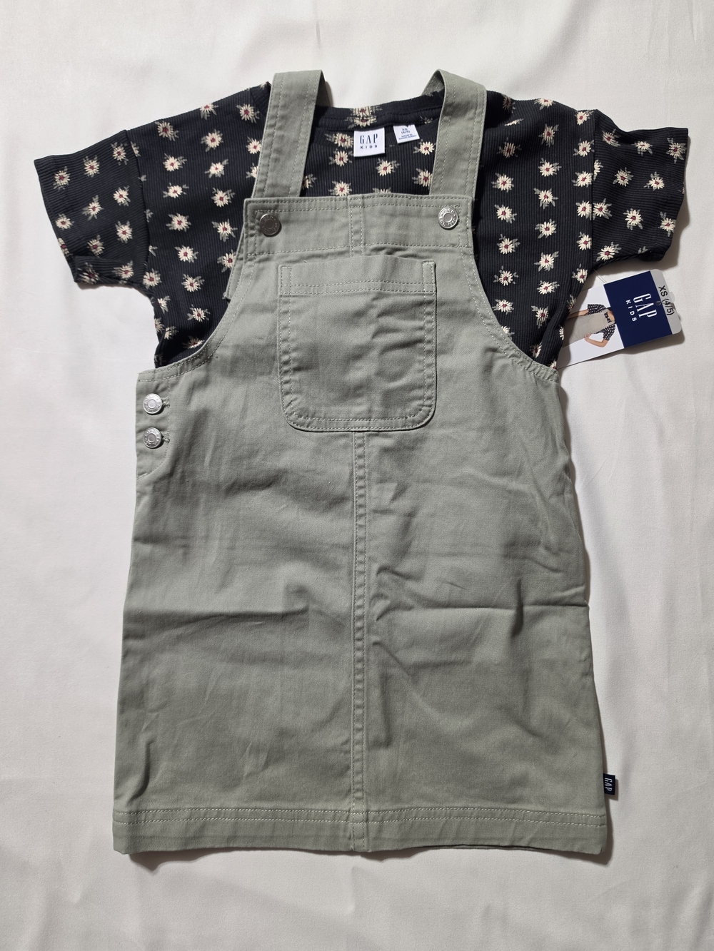 GAP Kids Olive Pinafore with Black Floral Tee - 4/5